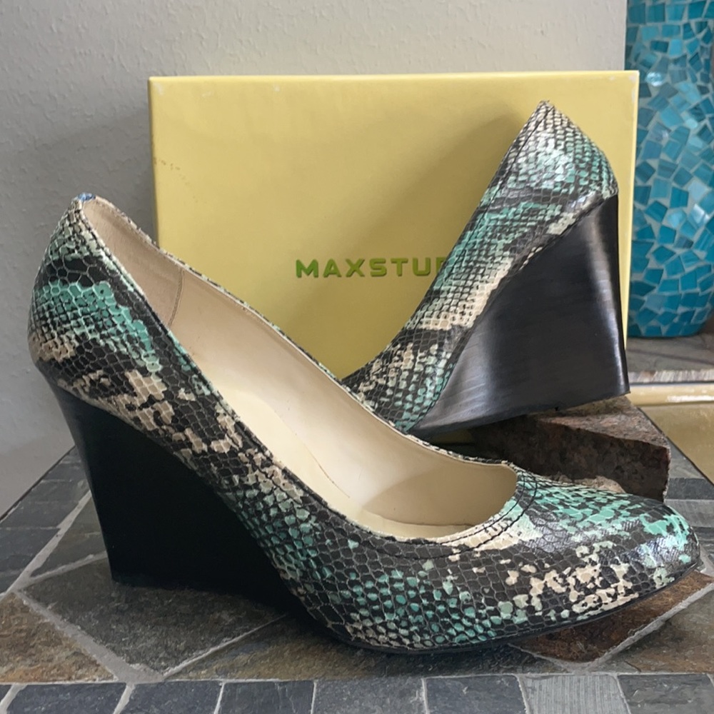 Max Studio Mecca Snakeskin Wedges in Blue/Green/Tan